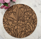 Cork Daffodils Laser Engraved Cork Trivet: Kitchen Decor Pot Holder Gift, Personalized Housewarming Wedding Hot Pad