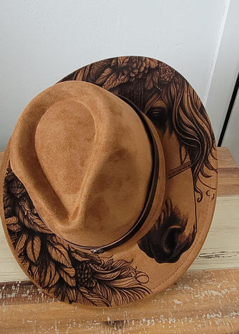 Horse Burned Hat, Floral Burned Wildflower Cowboy Hat: Engraved Suede/Felt Boho Fedora, Felt Wide brim hat