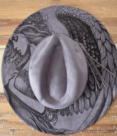 Angel Burned Hat, celestial angel, Cowboy desert Burned Cowboy Hat:Engraved Suede/Felt Boho Fedora, Felt Wide brim hat Western Hat Festivals