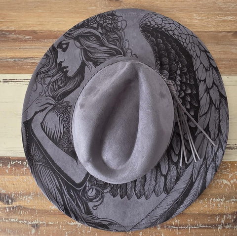 Angel Burned Hat, celestial angel, Cowboy desert Burned Cowboy Hat:Engraved Suede/Felt Boho Fedora, Felt Wide brim hat Western Hat Festivals