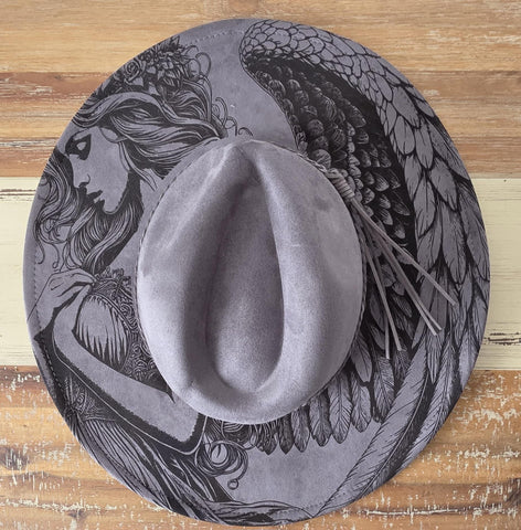 Angel Burned Hat, celestial angel, Cowboy desert Burned Cowboy Hat:Engraved Suede/Felt Boho Fedora, Felt Wide brim hat Western Hat Festivals