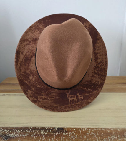 Deer Burned Hat, Forest Safari Burned Animal Cowboy Hat: Engraved Suede/Felt Boho Fedora, Felt