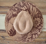 Horse Burned Hat, Floral Burned Wildflower Cowboy Hat: Engraved Suede/Felt Boho Fedora, Felt Wide brim hat Western Hat