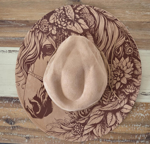 Horse Burned Hat, Floral Burned Wildflower Cowboy Hat: Engraved Suede/Felt Boho Fedora, Felt Wide brim hat Western Hat