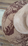 Horse Burned Hat, Floral Burned Wildflower Cowboy Hat: Engraved Suede/Felt Boho Fedora, Felt Wide brim hat Western Hat