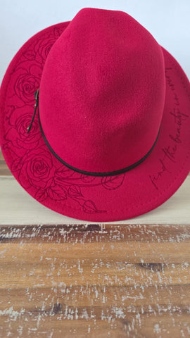 Roses Burned Hat, Find the Beauty in everything Burned flower Cowboy Hat: Engraved Suede Boho Fedora, Felt Wide brim hat