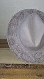 Butterfly garden Burned Hat,Safari Burned, flowers Cowboy Hat: Engraved Suede/felt Boho Fedora, Felt Wide brim hat