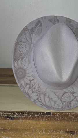 Butterfly garden Burned Hat,Safari Burned, flowers Cowboy Hat: Engraved Suede/felt Boho Fedora, Felt Wide brim hat