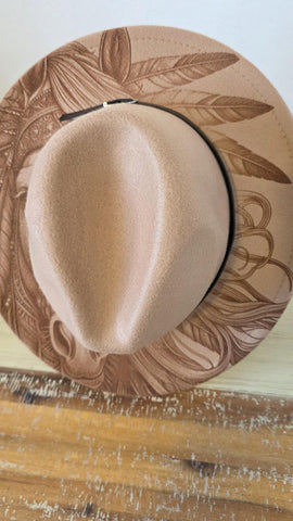 Horse Burned Hat, Native American Burned Cowboy Hat: Feathers Engraved Suede/Felt Boho Fedora, Felt Wide brim hat