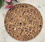 Cork Christmas doodles Laser Engraved Cork Trivet: Kitchen Decor Pot Holder Gift, Personalized Housewarming Wedding Hot Pad