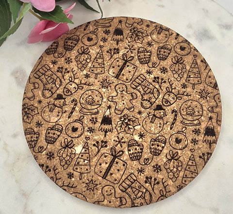 Cork Christmas doodles Laser Engraved Cork Trivet: Kitchen Decor Pot Holder Gift, Personalized Housewarming Wedding Hot Pad