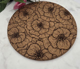 Cork Peonies  flowers Laser Engraved Cork Trivet: Kitchen Decor Pot Holder Gift, Personalized Housewarming Wedding Hot Pad