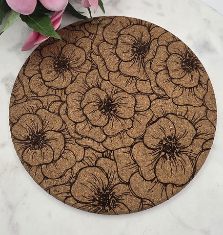 Cork Peonies  flowers Laser Engraved Cork Trivet: Kitchen Decor Pot Holder Gift, Personalized Housewarming Wedding Hot Pad