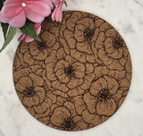 Cork Peonies  flowers Laser Engraved Cork Trivet: Kitchen Decor Pot Holder Gift, Personalized Housewarming Wedding Hot Pad