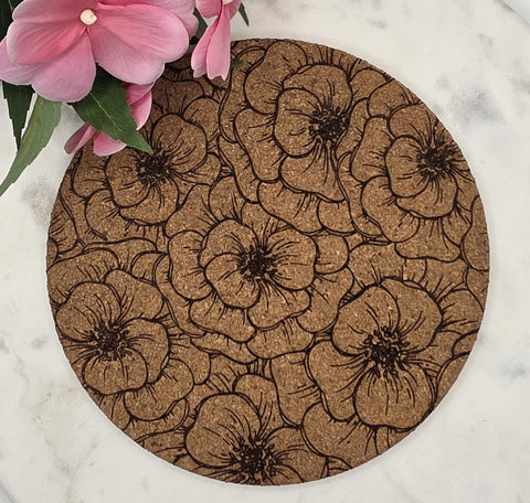 Cork Peonies  flowers Laser Engraved Cork Trivet: Kitchen Decor Pot Holder Gift, Personalized Housewarming Wedding Hot Pad