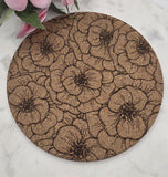 Cork Peonies  flowers Laser Engraved Cork Trivet: Kitchen Decor Pot Holder Gift, Personalized Housewarming Wedding Hot Pad
