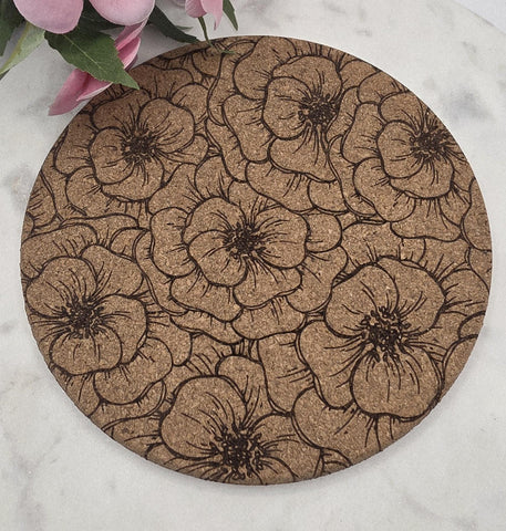 Cork Peonies  flowers Laser Engraved Cork Trivet: Kitchen Decor Pot Holder Gift, Personalized Housewarming Wedding Hot Pad