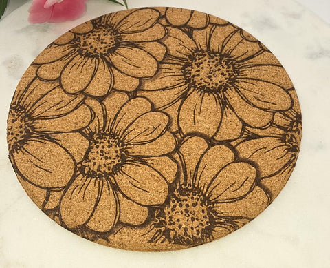 Cork Daisy  flowers Laser Engraved Cork Trivet: Kitchen Decor Pot Holder Gift, Personalized Housewarming Wedding Hot Pad