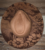 Fox in a meadow Burned Hat, Floral Burned cowgirl Cowboy Hat: Engraved Suede/Felt Boho Fedora, Felt Wide brim hat Western Hat Festivals