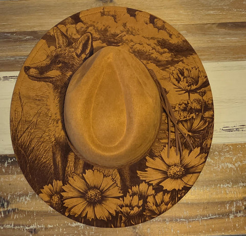 Fox in a meadow Burned Hat, Floral Burned cowgirl Cowboy Hat: Engraved Suede/Felt Boho Fedora, Felt Wide brim hat Western Hat Festivals