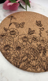 Cork Wildflowers and Butterflies Laser Engraved Cork Trivet: Kitchen Decor Pot Holder Gift, Personalized Housewarming Wedding Hot Pad