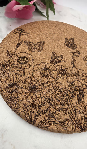 Cork Wildflowers and Butterflies Laser Engraved Cork Trivet: Kitchen Decor Pot Holder Gift, Personalized Housewarming Wedding Hot Pad