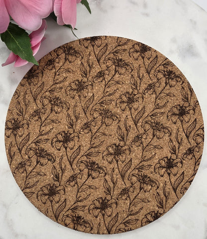 Cork Iris flowers Laser Engraved Cork Trivet: Kitchen Decor Pot Holder Gift, Personalized Housewarming Wedding Hot Pad
