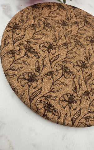 Cork Iris flowers Laser Engraved Cork Trivet: Kitchen Decor Pot Holder Gift, Personalized Housewarming Wedding Hot Pad