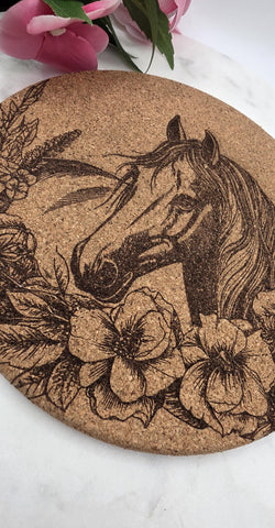 Cork Horse and flowers Laser Engraved Cork Trivet: Kitchen Decor Pot Holder Gift, Personalized Housewarming Wedding Hot Pad