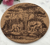Cork African Safari Elephants Laser Engraved Cork Trivet: Kitchen Decor Pot Holder Gift, Personalized Housewarming Wedding Hot Pad