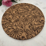 Cork Retro Daisys Laser Engraved Cork Trivet: Kitchen Decor Pot Holder Gift, Personalized Housewarming Wedding Hot Pad