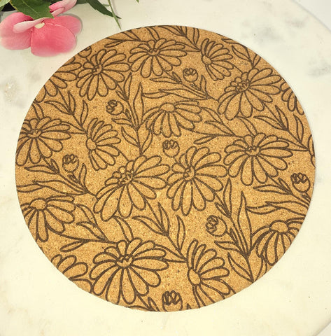 Cork Retro Daisys Laser Engraved Cork Trivet: Kitchen Decor Pot Holder Gift, Personalized Housewarming Wedding Hot Pad