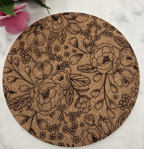 Cork wildflowers Laser Engraved Cork Trivet: Kitchen Decor Pot Holder Gift, Personalized Housewarming Wedding Hot Pad
