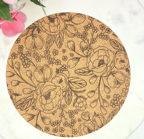 Cork wildflowers Laser Engraved Cork Trivet: Kitchen Decor Pot Holder Gift, Personalized Housewarming Wedding Hot Pad