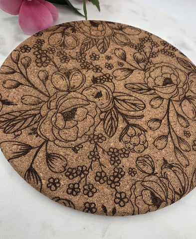Cork wildflowers Laser Engraved Cork Trivet: Kitchen Decor Pot Holder Gift, Personalized Housewarming Wedding Hot Pad
