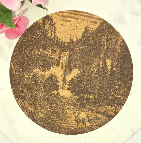 Cork Deer and waterfall, Mountain adventure Laser Engraved Cork Trivet: Kitchen Decor Pot Holder Gift, Housewarming Wedding Hot Pad