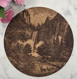 Cork Deer and waterfall, Mountain adventure Laser Engraved Cork Trivet: Kitchen Decor Pot Holder Gift, Housewarming Wedding Hot Pad