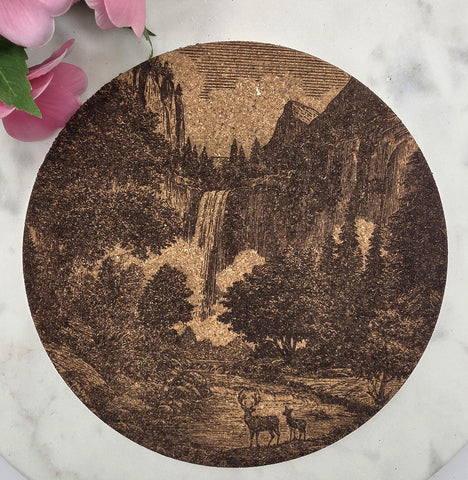 Cork Deer and waterfall, Mountain adventure Laser Engraved Cork Trivet: Kitchen Decor Pot Holder Gift, Housewarming Wedding Hot Pad
