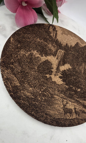 Cork Deer and waterfall, Mountain adventure Laser Engraved Cork Trivet: Kitchen Decor Pot Holder Gift, Housewarming Wedding Hot Pad