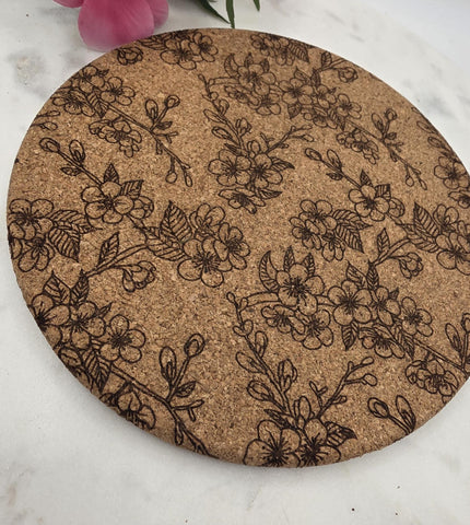 Cork cherry Blossoms Laser Engraved Cork Trivet: Kitchen Decor Pot Holder Gift, Personalized Housewarming Wedding Hot Pad