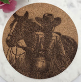 Cork Cowgirl and horse Laser Engraved Cork Trivet: Kitchen Decor Pot Holder Gift, Personalized Housewarming Wedding Hot Pad