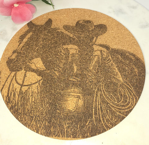 Cork Cowgirl and horse Laser Engraved Cork Trivet: Kitchen Decor Pot Holder Gift, Personalized Housewarming Wedding Hot Pad
