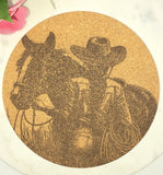 Cork Cowgirl and horse Laser Engraved Cork Trivet: Kitchen Decor Pot Holder Gift, Personalized Housewarming Wedding Hot Pad