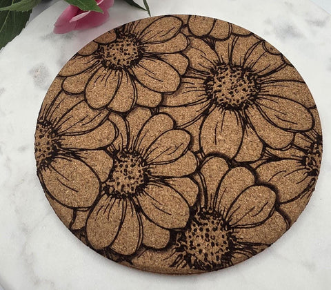 Cork Daisy  flowers Laser Engraved Cork Trivet: Kitchen Decor Pot Holder Gift, Personalized Housewarming Wedding Hot Pad