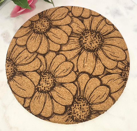 Cork Daisy  flowers Laser Engraved Cork Trivet: Kitchen Decor Pot Holder Gift, Personalized Housewarming Wedding Hot Pad