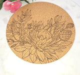 Cork South African Protea Laser Engraved Cork Trivet: Kitchen Decor Pot Holder Gift, Personalized Housewarming Wedding Hot Pad
