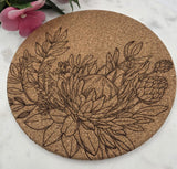 Cork South African Protea Laser Engraved Cork Trivet: Kitchen Decor Pot Holder Gift, Personalized Housewarming Wedding Hot Pad
