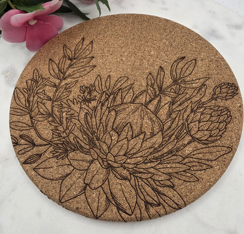 Cork South African Protea Laser Engraved Cork Trivet: Kitchen Decor Pot Holder Gift, Personalized Housewarming Wedding Hot Pad