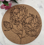Cork South African Protea Laser Engraved Cork Trivet: Kitchen Decor Pot Holder Gift, Personalized Housewarming Wedding Hot Pad