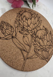 Cork South African Protea Laser Engraved Cork Trivet: Kitchen Decor Pot Holder Gift, Personalized Housewarming Wedding Hot Pad